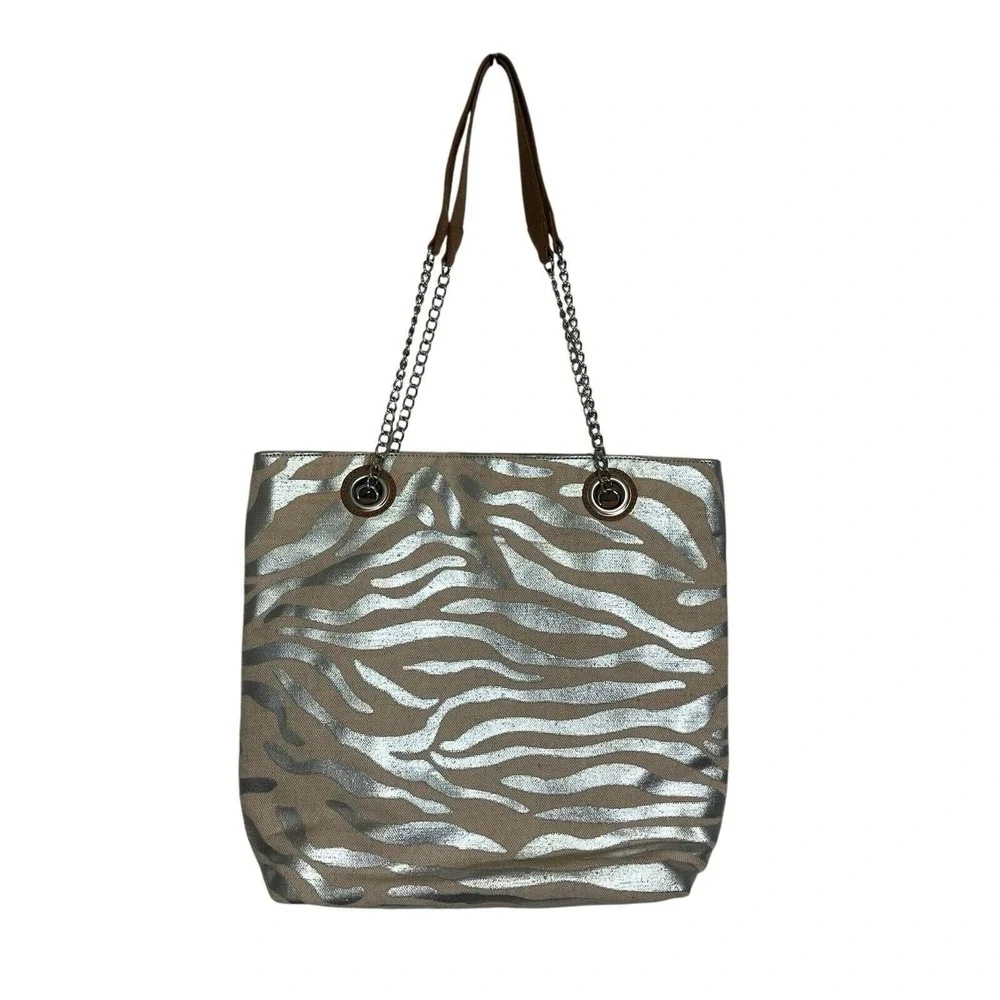 Kate Landry Silver Zebra Print Tote Bag Chain Strap Shoulder‎ Bag
